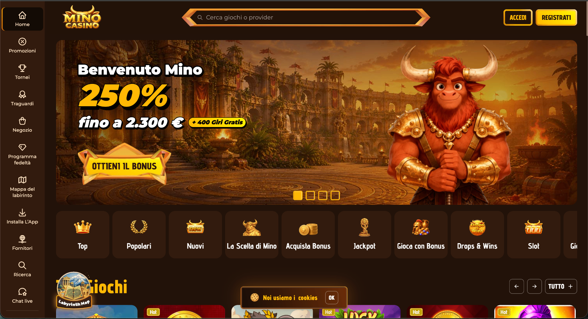 Screenshot della homepage di Mino Casino